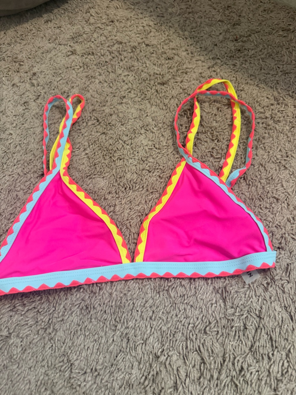 SHEIN Swim Hot Pink Triangle Bikini Top with Yellow & Light Blue Trim